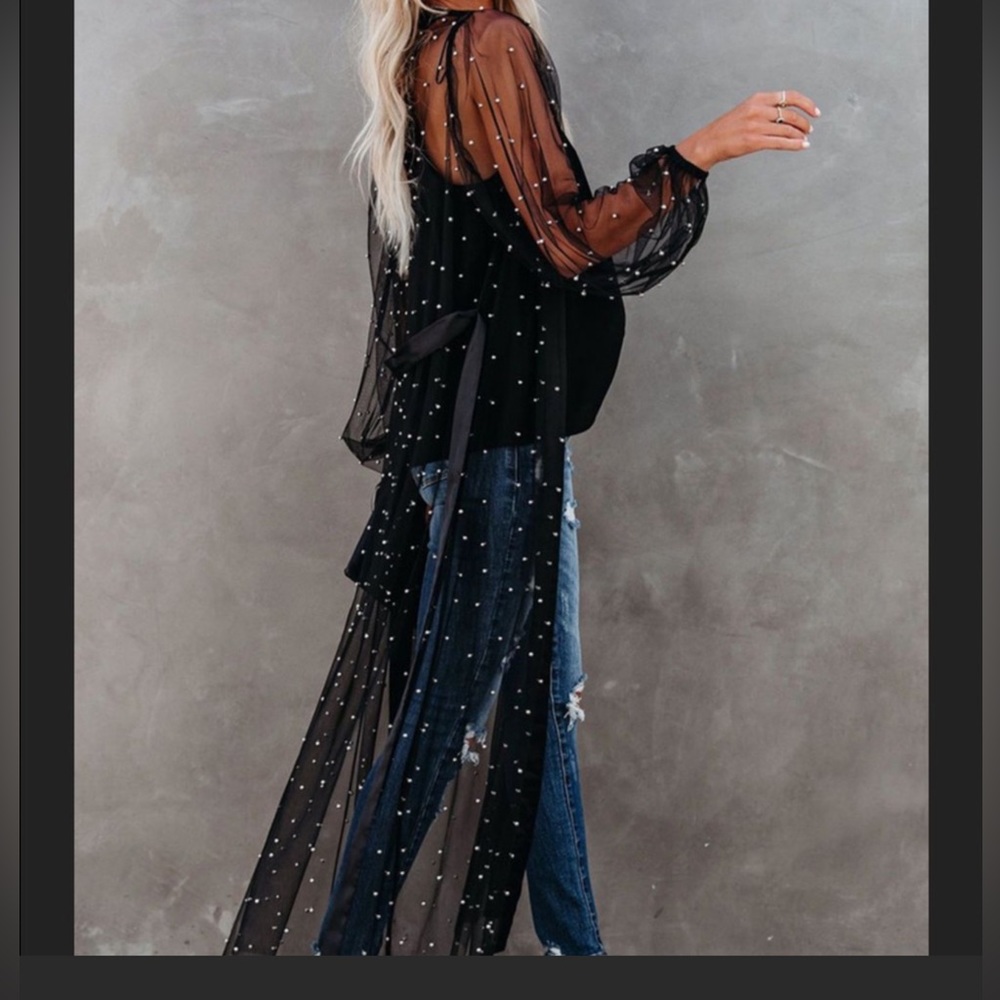 1 Left! Black Tulle Open Front Duster Kimono w/Silver Beads - Picture 4 of 9